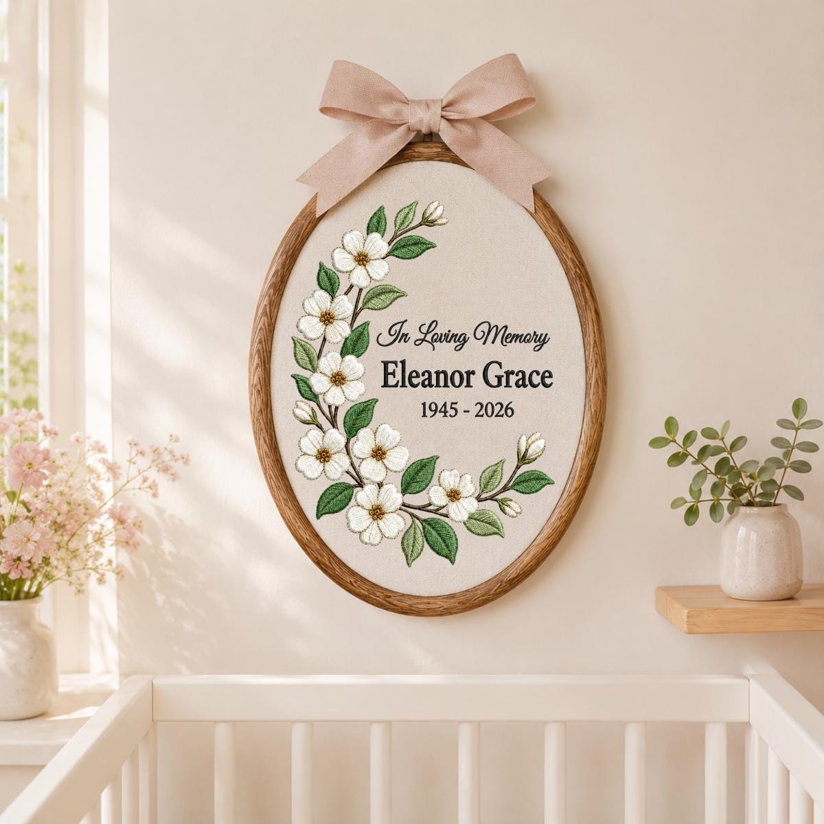 Personalized In Loving Memory Floral Round Hoop Decor, Custom Name Embroidered Blue Gingham Memorial Sign, Sympathy Loss of Mom Gift