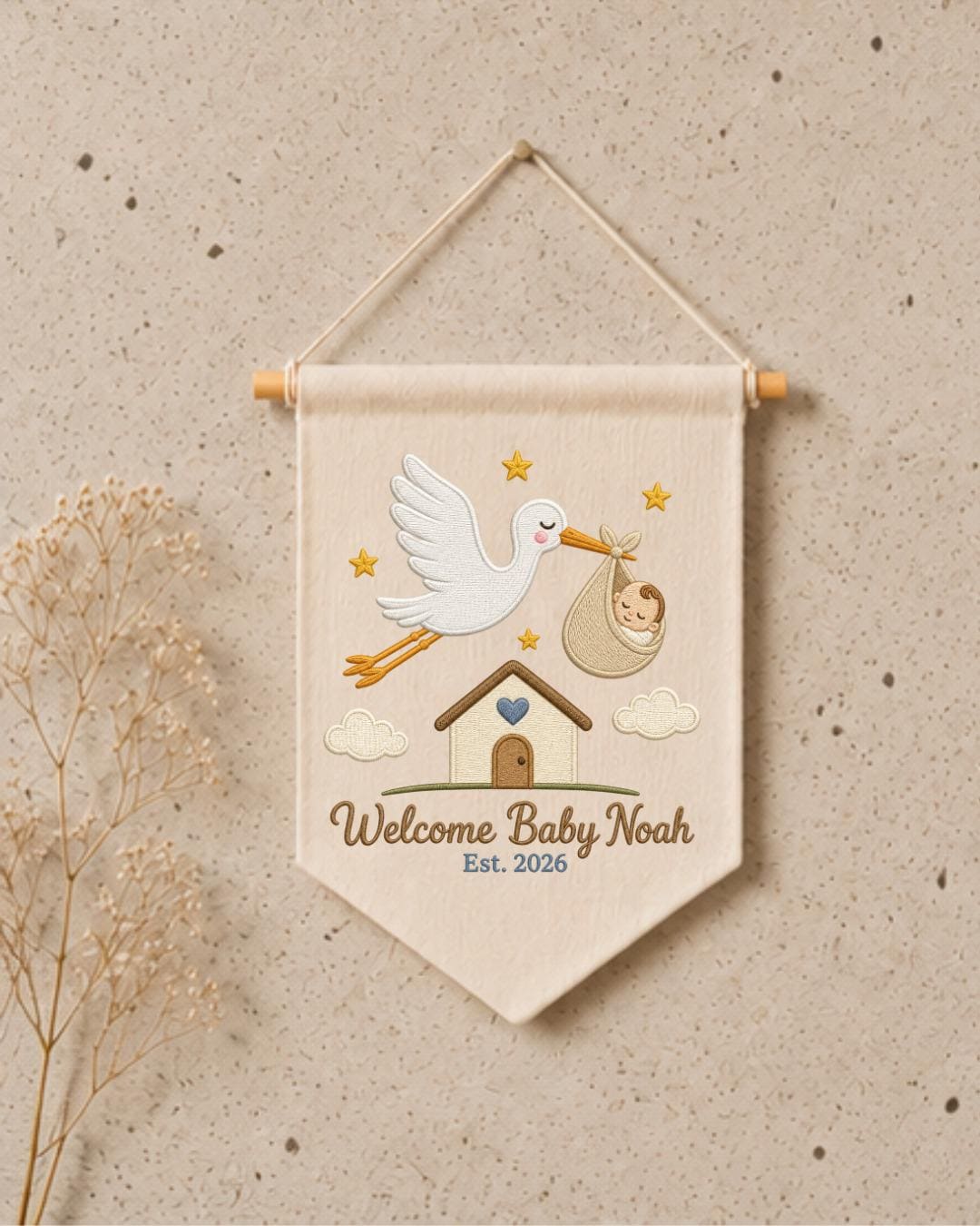 Personalized Stork Baby Wall Hanging, Custom Name Embroidered Banner, Welcome Baby Nursery Decor, Newborn Birth Announcement Gift