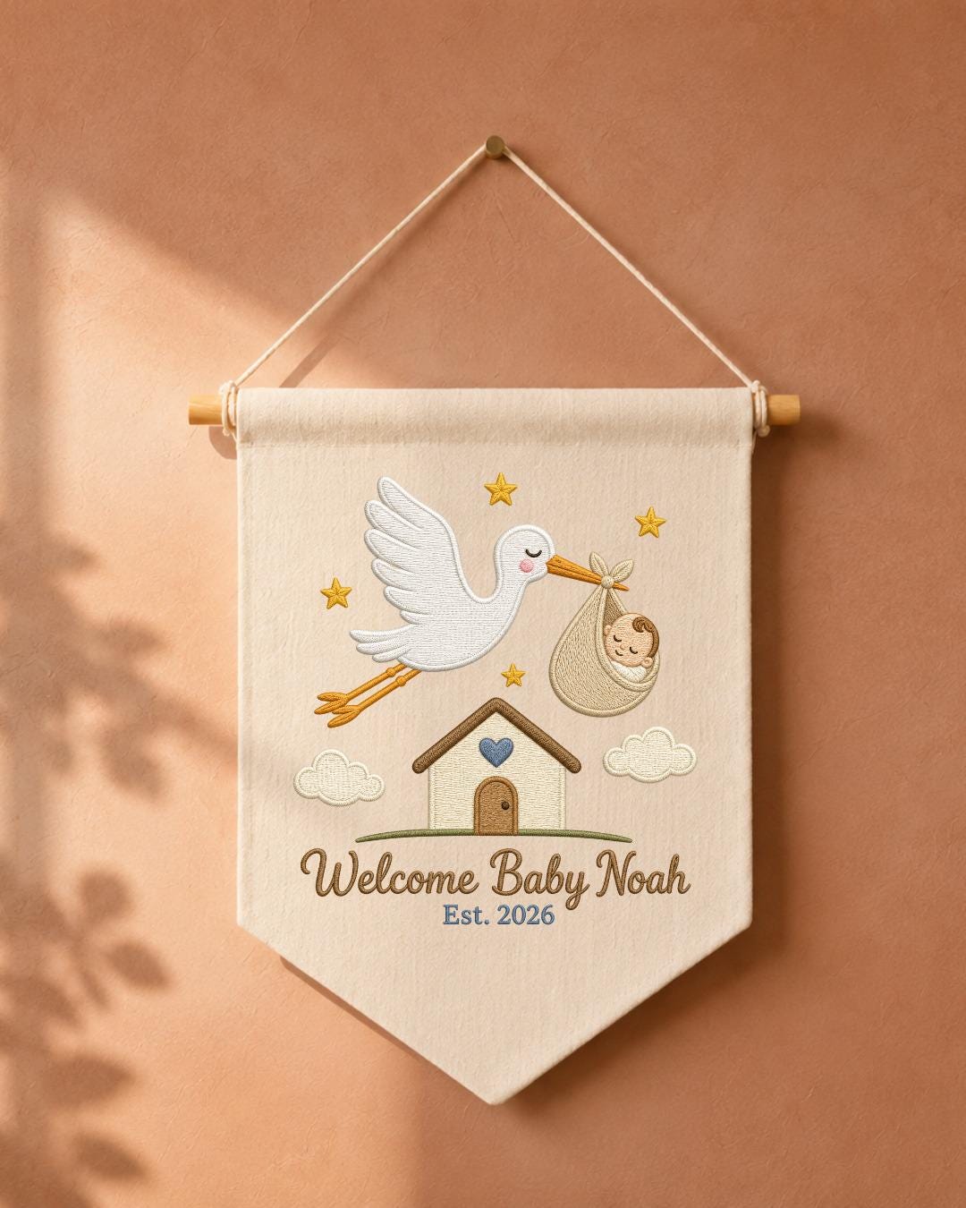 Personalized Stork Baby Wall Hanging, Custom Name Embroidered Banner, Welcome Baby Nursery Decor, Newborn Birth Announcement Gift