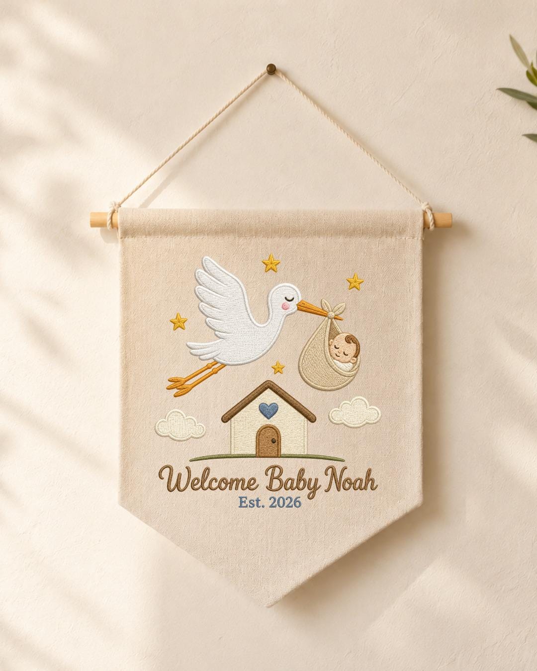 Personalized Stork Baby Wall Hanging, Custom Name Embroidered Banner, Welcome Baby Nursery Decor, Newborn Birth Announcement Gift
