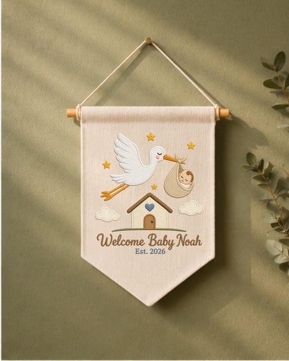 Personalized Stork Baby Wall Hanging, Custom Name Embroidered Banner, Welcome Baby Nursery Decor, Newborn Birth Announcement Gift