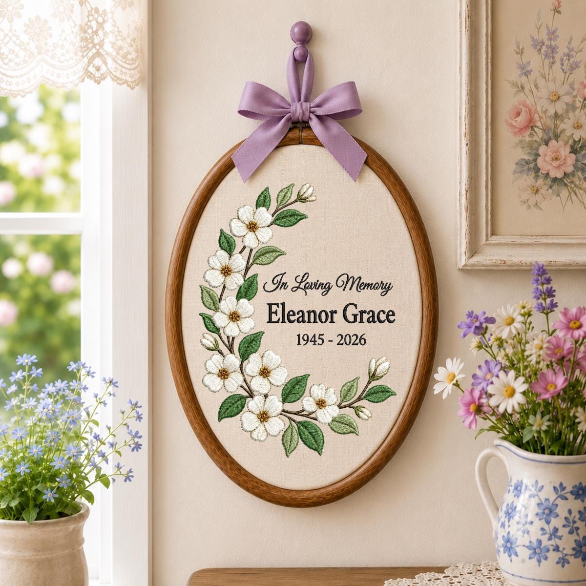 Personalized In Loving Memory Floral Round Hoop Decor, Custom Name Embroidered Blue Gingham Memorial Sign, Sympathy Loss of Mom Gift