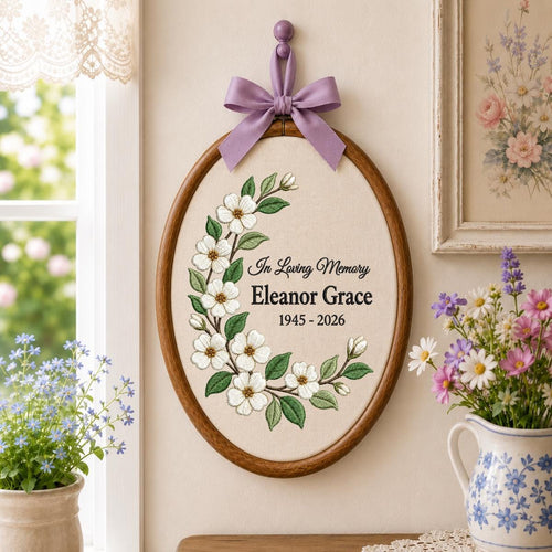 Personalized In Loving Memory Floral Round Hoop Decor, Custom Name Embroidered Blue Gingham Memorial Sign, Sympathy Loss of Mom Gift