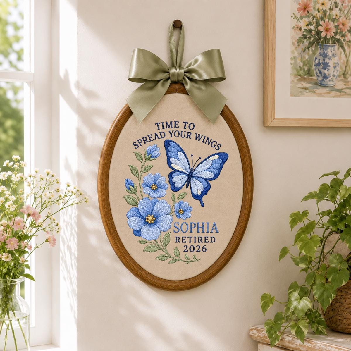 Personalized Time to Spread Your Wings Retired 2026 Hoop Decor, Custom Name Embroidered Blue Butterfly Floral Retirement Wall Sign