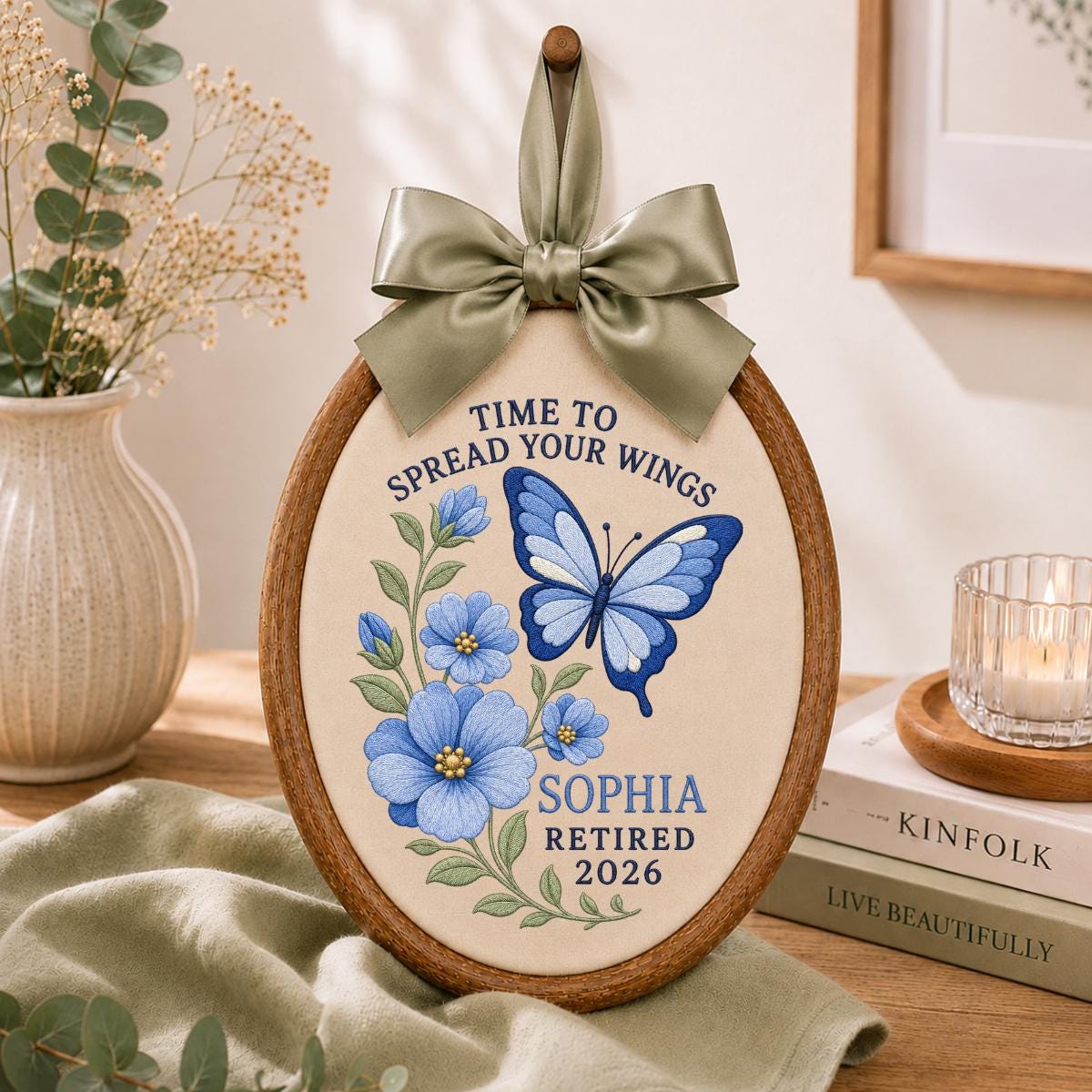 Personalized Time to Spread Your Wings Retired 2026 Hoop Decor, Custom Name Embroidered Blue Butterfly Floral Retirement Wall Sign