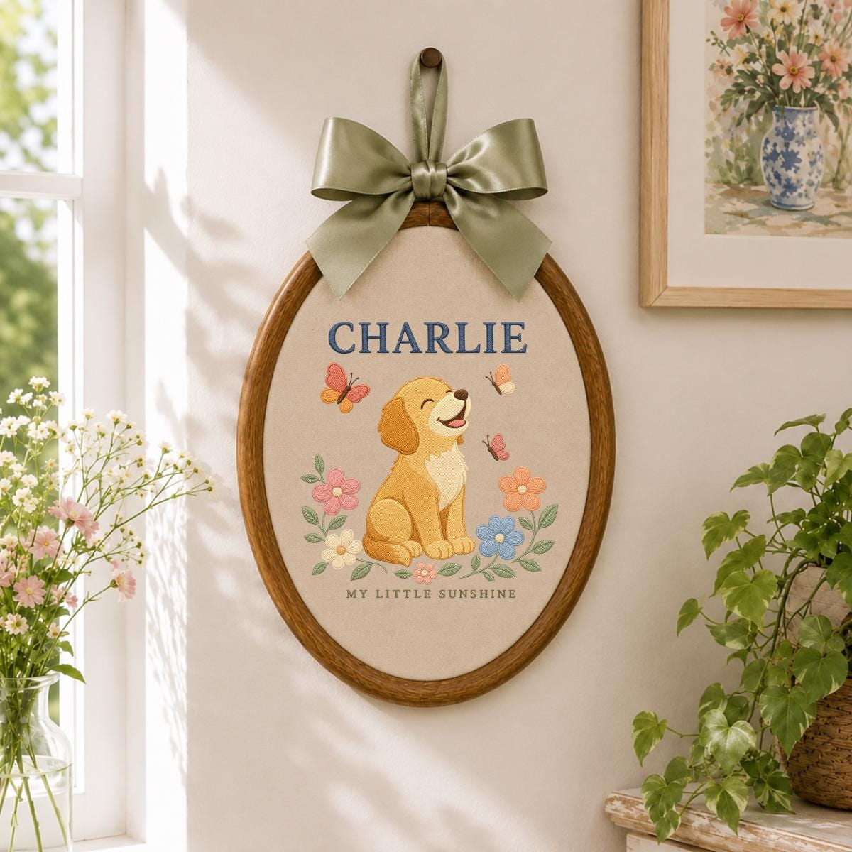 Personalized Puppy Nursery Banner, Charlie Dog Embroidery Wall Hanging, Floral Baby Room Decor, Butterfly Ornament, Newborn Gift
