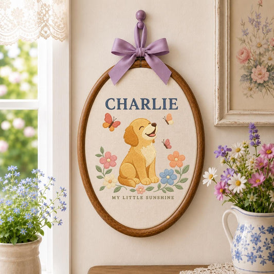 Personalized Puppy Nursery Banner, Charlie Dog Embroidery Wall Hanging, Floral Baby Room Decor, Butterfly Ornament, Newborn Gift