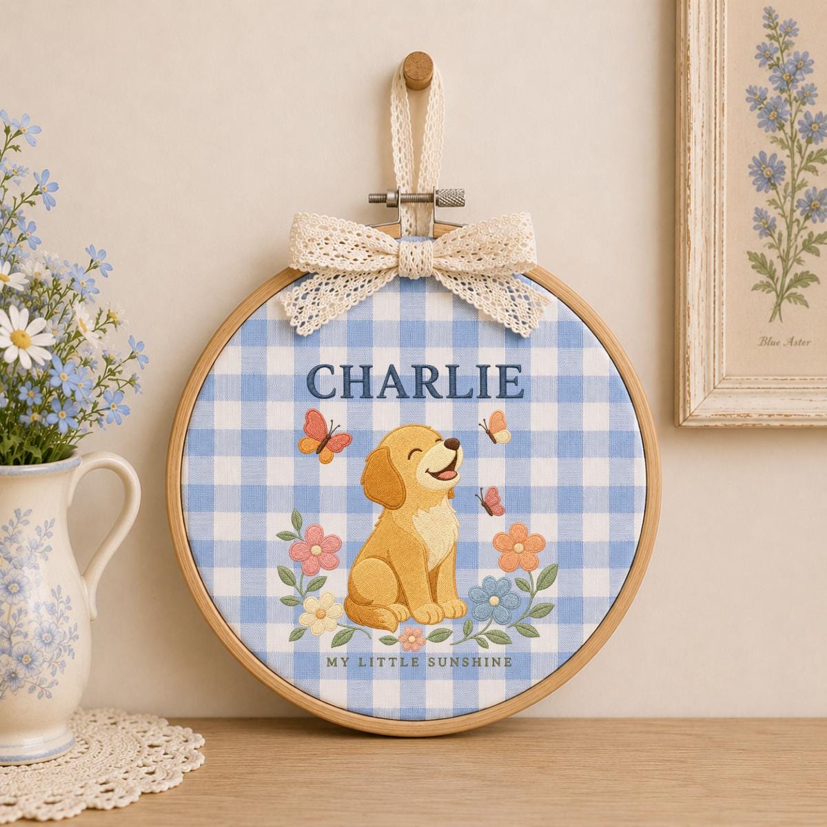 Personalized Puppy Nursery Banner, Charlie Dog Embroidery Wall Hanging, Floral Baby Room Decor, Butterfly Ornament, Newborn Gift