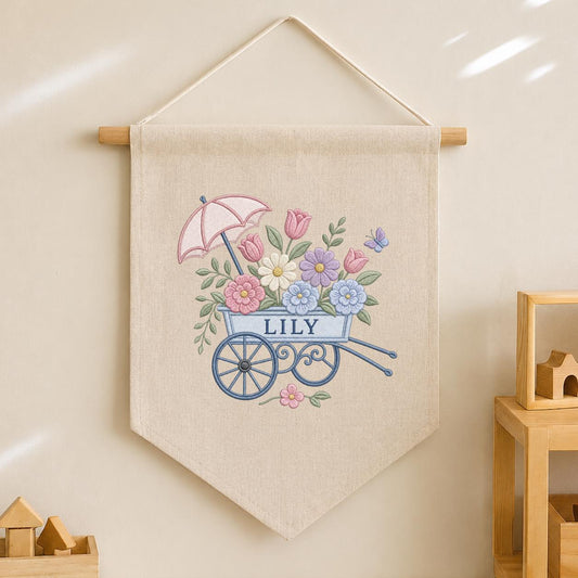Personalized Floral Wall Hanging, Lily Garden Banner, Wheelbarrow Embroidery Decor, Cottagecore Nursery Hanging, Baby Shower Gift
