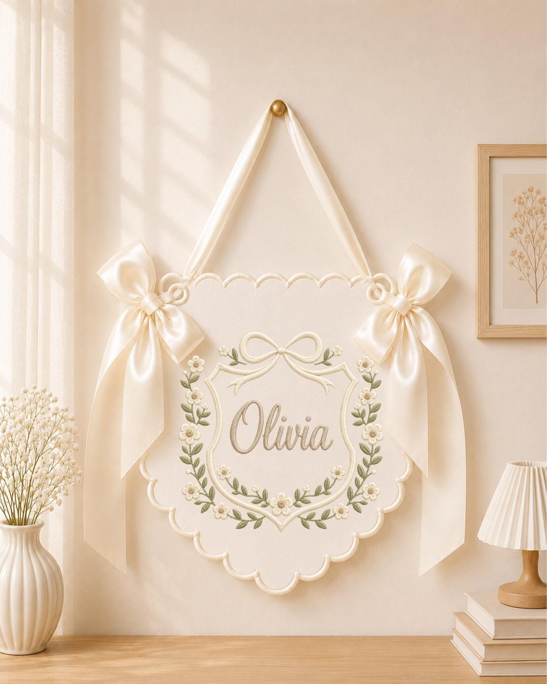 Personalized Embroidered Baby Name Banner, Floral Nursery Wall Decor, Custom Baby Girl Name Sign, Bow Nursery Hanging, Newborn Baby Gift