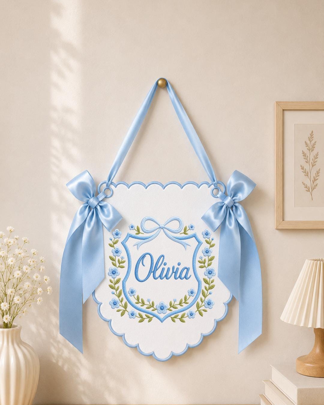 Personalized Embroidered Baby Name Banner, Floral Nursery Wall Decor, Custom Baby Girl Name Sign, Bow Nursery Hanging, Newborn Baby Gift