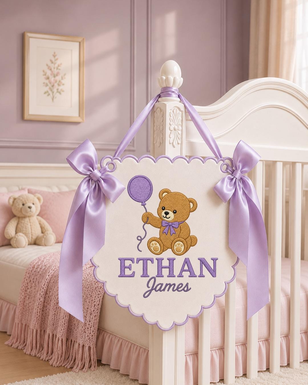 Personalized Embroidered Baby Name Banner, Teddy Bear Nursery Wall Decor, Custom Baby Boy Name Sign, Nursery Wall Hanging, Newborn Gift