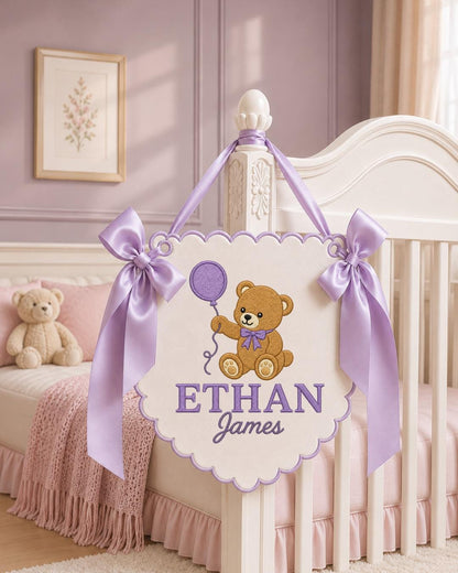 Personalized Embroidered Baby Name Banner, Teddy Bear Nursery Wall Decor, Custom Baby Boy Name Sign, Nursery Wall Hanging, Newborn Gift