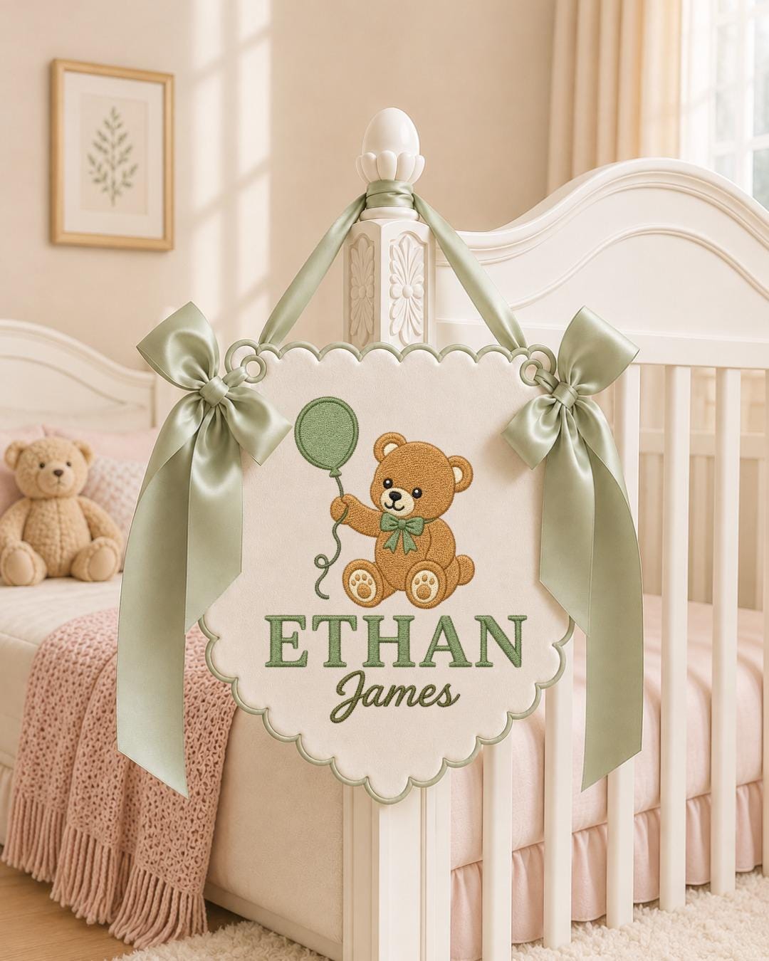 Personalized Embroidered Baby Name Banner, Teddy Bear Nursery Wall Decor, Custom Baby Boy Name Sign, Nursery Wall Hanging, Newborn Gift