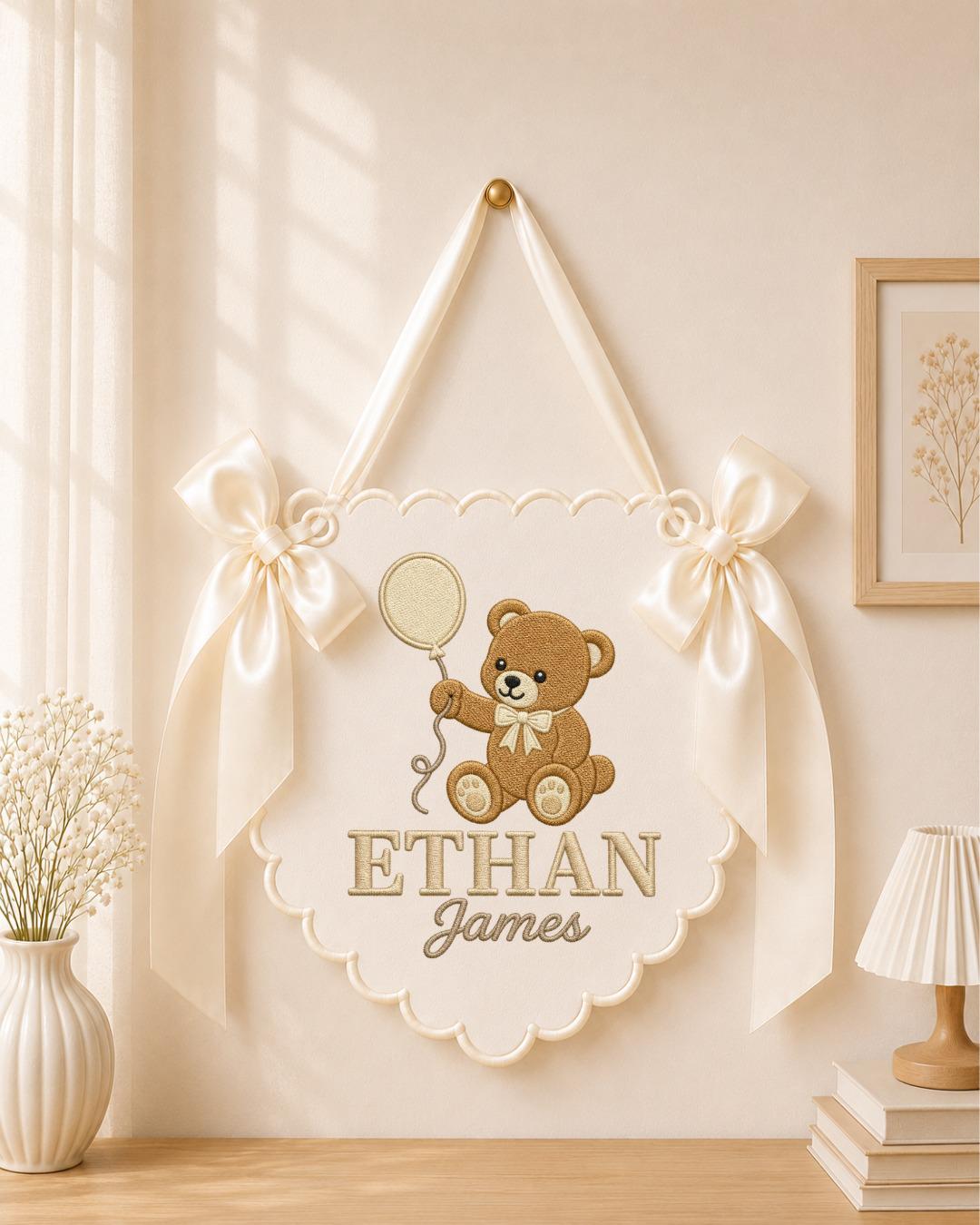 Personalized Embroidered Baby Name Banner, Teddy Bear Nursery Wall Decor, Custom Baby Boy Name Sign, Nursery Wall Hanging, Newborn Gift