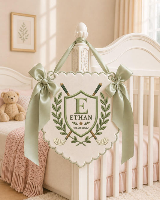 Personalized Embroidered Baby Name Banner, Golf Nursery Wall Decor, Custom Baby Boy Monogram Sign, Golfer Nursery Decor, Newborn Gift
