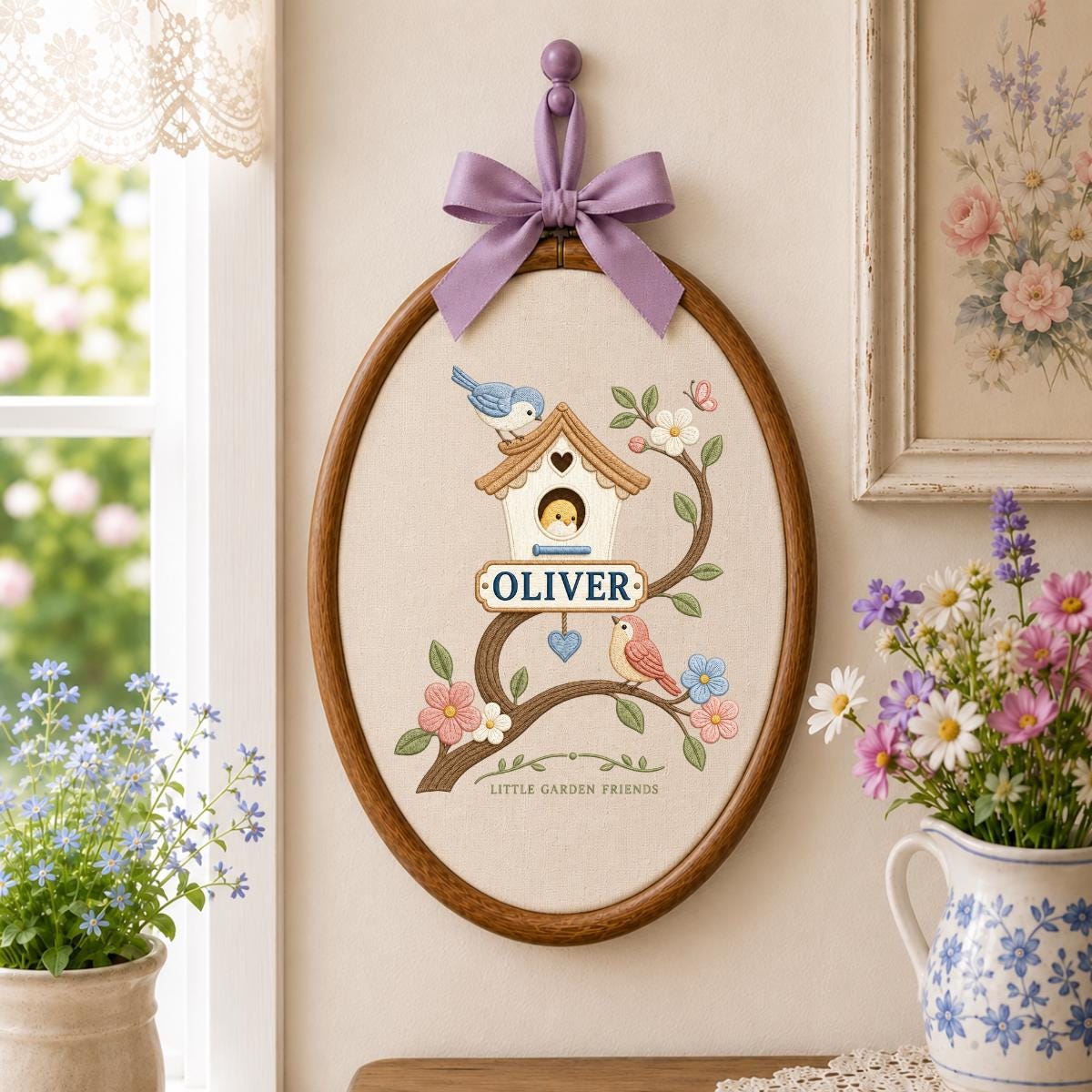 Personalized Birdhouse Ornament, Oliver Oval Embroidery Wall Hanging, Floral Nursery Decor, Bird Lover Gift, Ribbon Hanging