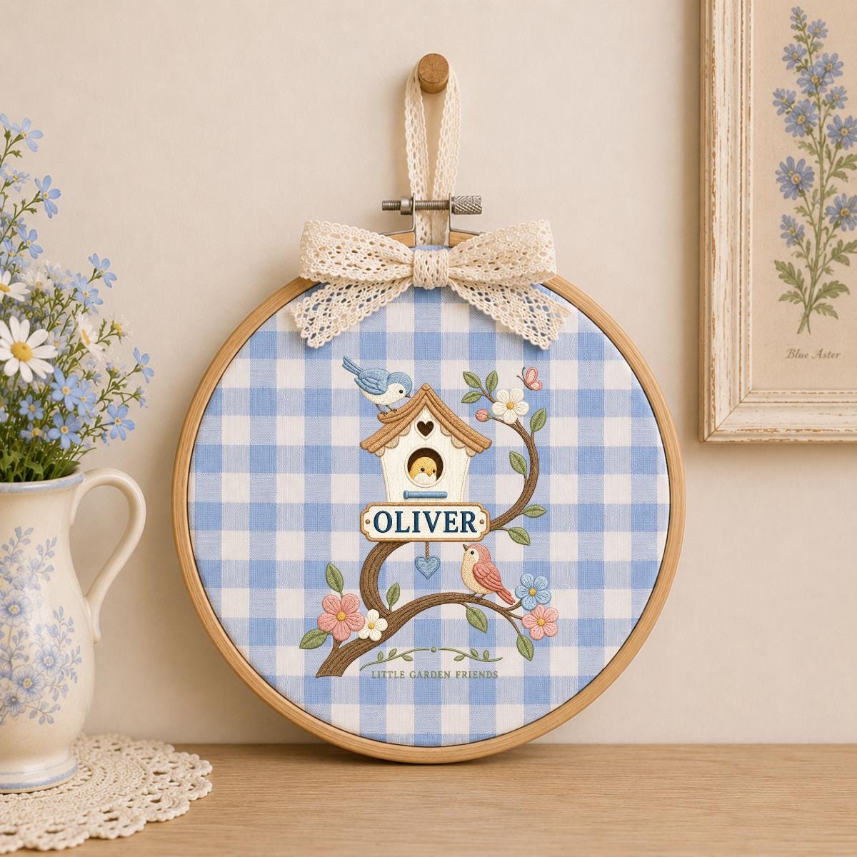 Personalized Birdhouse Ornament, Oliver Oval Embroidery Wall Hanging, Floral Nursery Decor, Bird Lover Gift, Ribbon Hanging