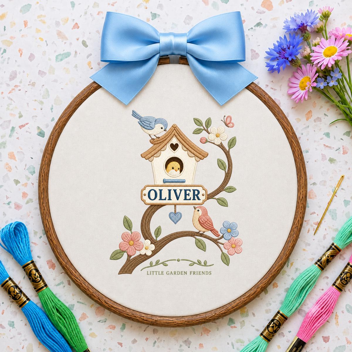 Personalized Birdhouse Ornament, Oliver Oval Embroidery Wall Hanging, Floral Nursery Decor, Bird Lover Gift, Ribbon Hanging