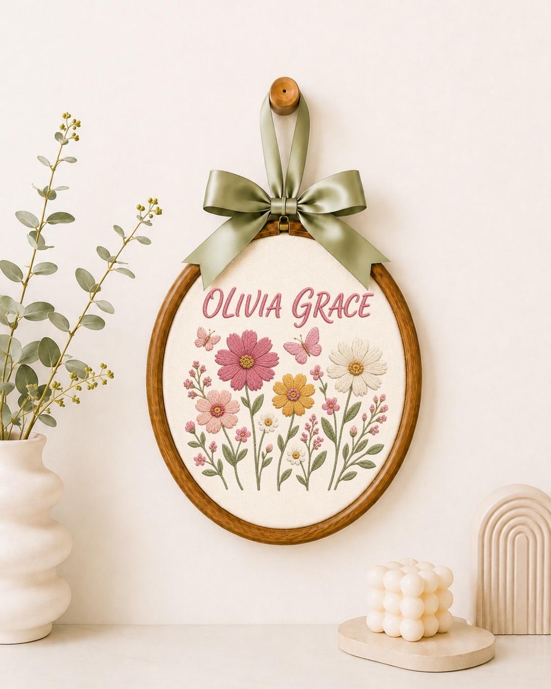 Personalized Wildflower Embroidered Ornament, Wildflower Baby Name Sign, Custom Floral Name Hoop, Butterfly Nursery Decor, Baby Shower Gift