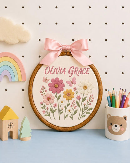 Personalized Wildflower Embroidered Ornament, Wildflower Baby Name Sign, Custom Floral Name Hoop, Butterfly Nursery Decor, Baby Shower Gift