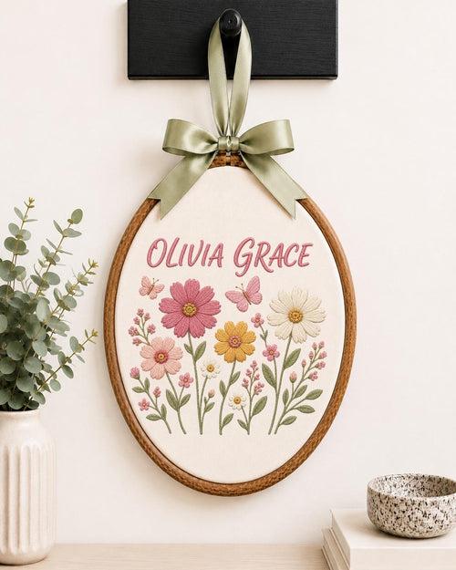 Personalized Wildflower Embroidered Ornament, Wildflower Baby Name Sign, Custom Floral Name Hoop, Butterfly Nursery Decor, Baby Shower Gift