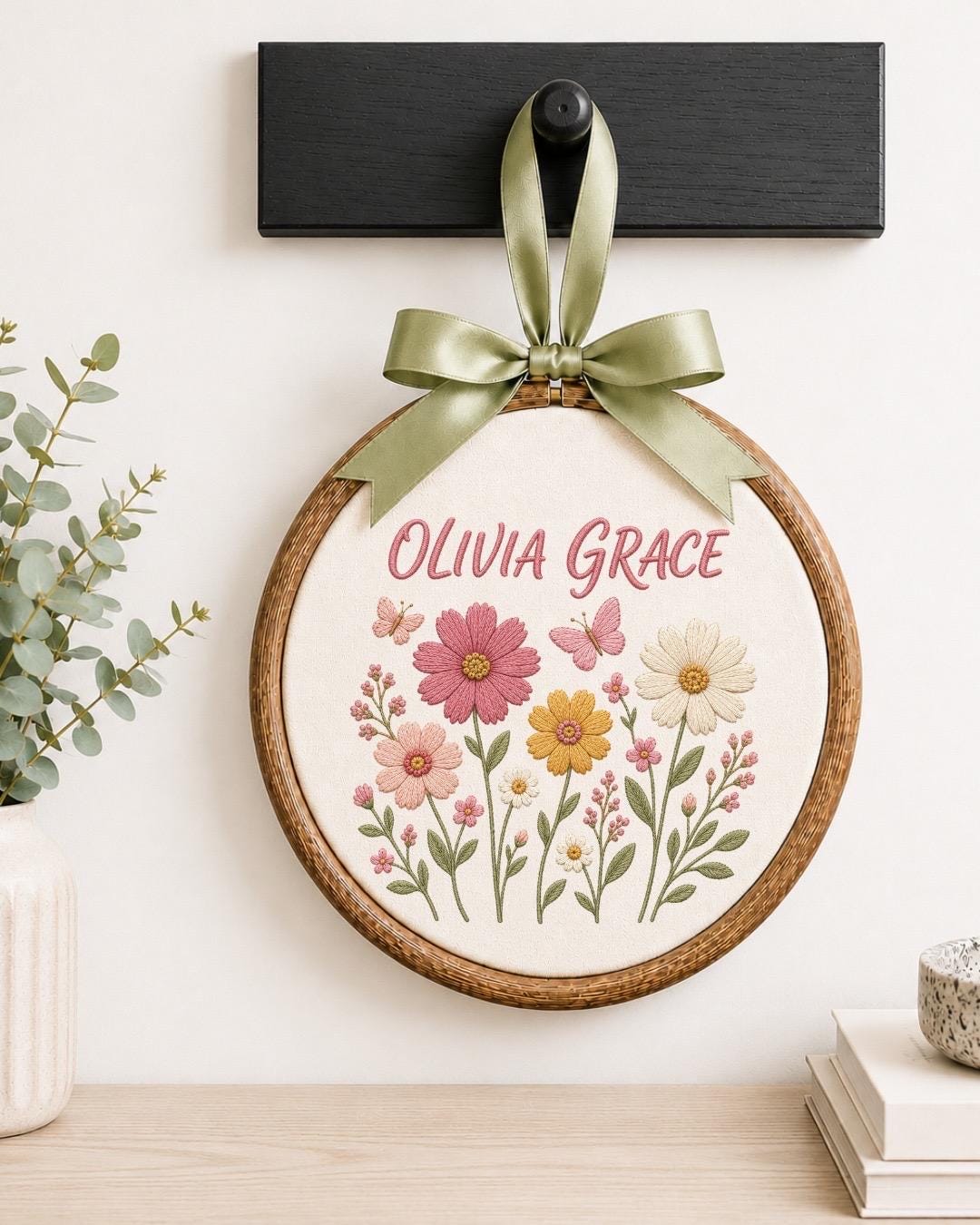 Personalized Wildflower Embroidered Ornament, Wildflower Baby Name Sign, Custom Floral Name Hoop, Butterfly Nursery Decor, Baby Shower Gift
