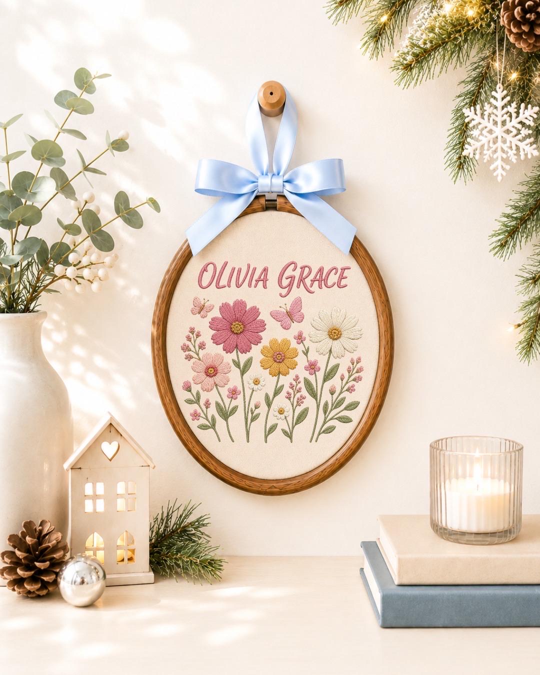 Personalized Wildflower Embroidered Ornament, Wildflower Baby Name Sign, Custom Floral Name Hoop, Butterfly Nursery Decor, Baby Shower Gift