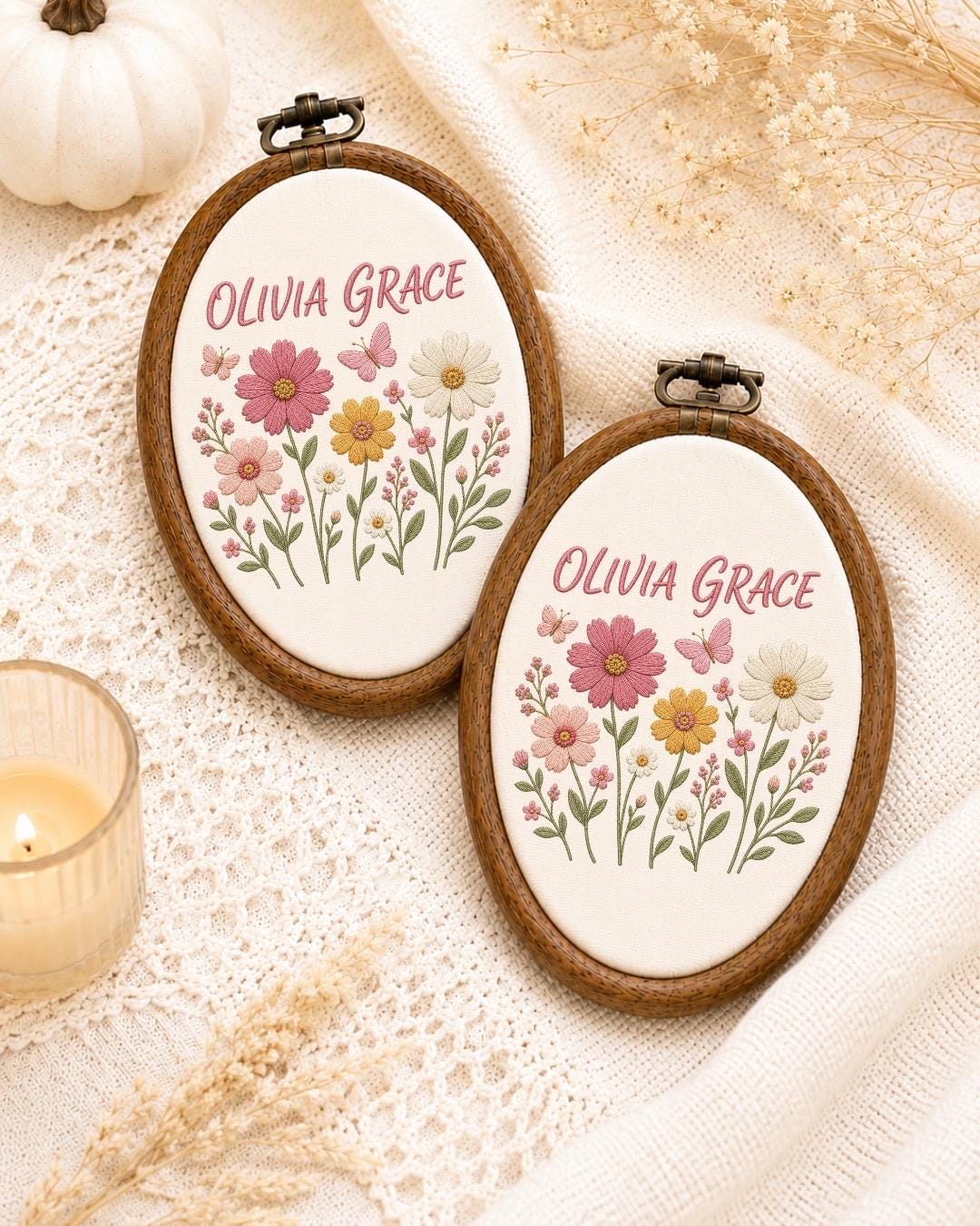 Personalized Wildflower Embroidered Ornament, Wildflower Baby Name Sign, Custom Floral Name Hoop, Butterfly Nursery Decor, Baby Shower Gift