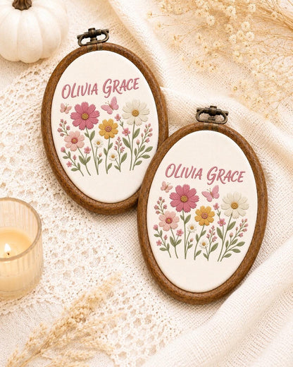 Personalized Wildflower Embroidered Ornament, Wildflower Baby Name Sign, Custom Floral Name Hoop, Butterfly Nursery Decor, Baby Shower Gift