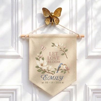 Personalized Wedding Wall Hanging, Let Love Bloom Floral Banner, Custom Name and Date Decor, Bird Embroidery, Bridal Shower Gift