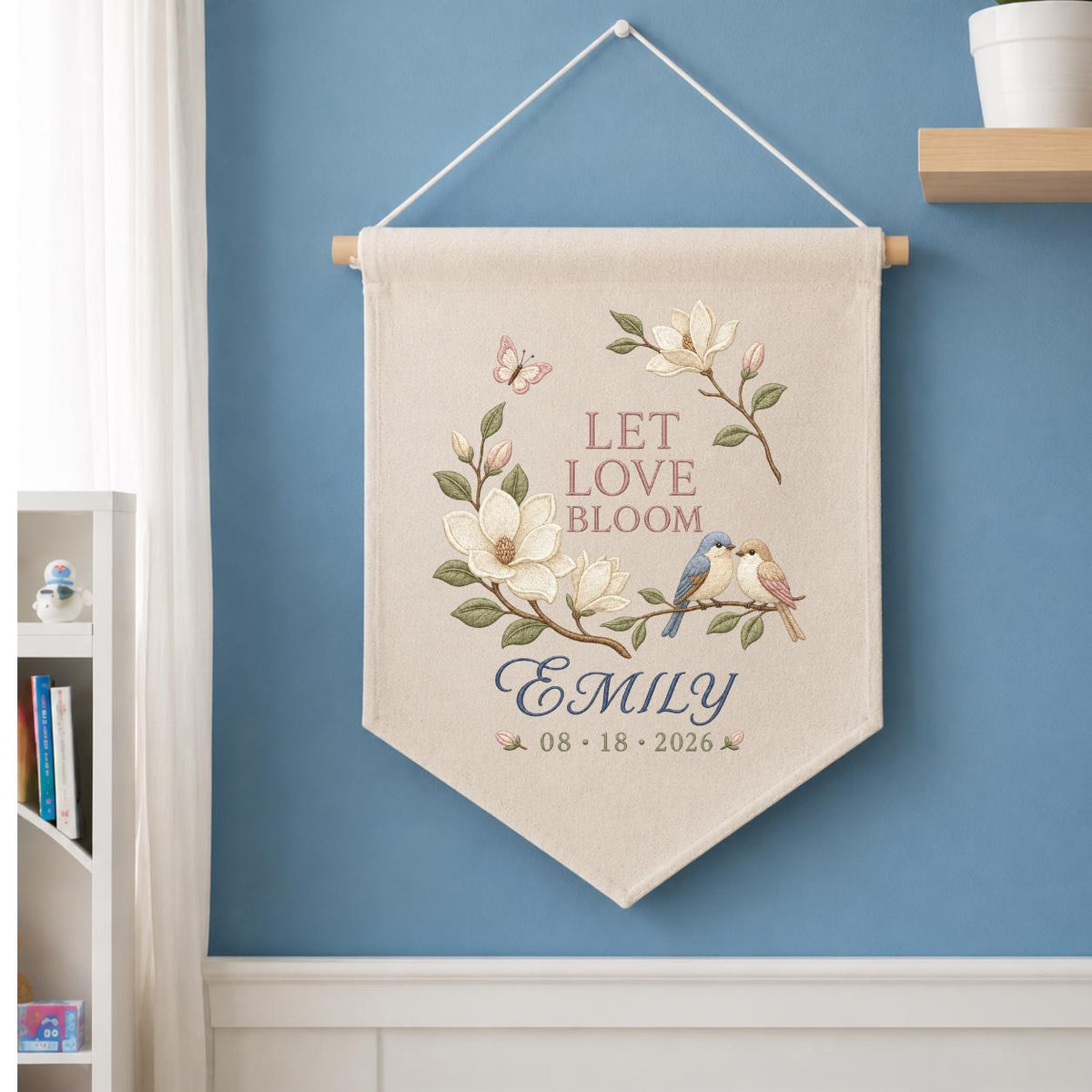 Personalized Wedding Wall Hanging, Let Love Bloom Floral Banner, Custom Name and Date Decor, Bird Embroidery, Bridal Shower Gift