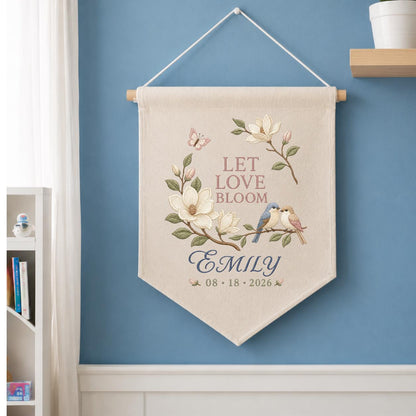 Personalized Wedding Wall Hanging, Let Love Bloom Floral Banner, Custom Name and Date Decor, Bird Embroidery, Bridal Shower Gift