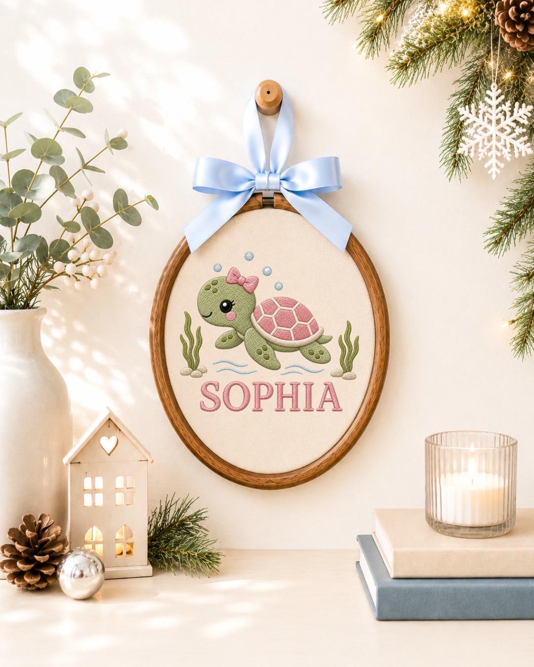 Personalized Sea Turtle Embroidered Ornament, Custom Baby Name Keepsake, Ocean Nursery Decor, Turtle Baby Gift, Newborn Name Sign