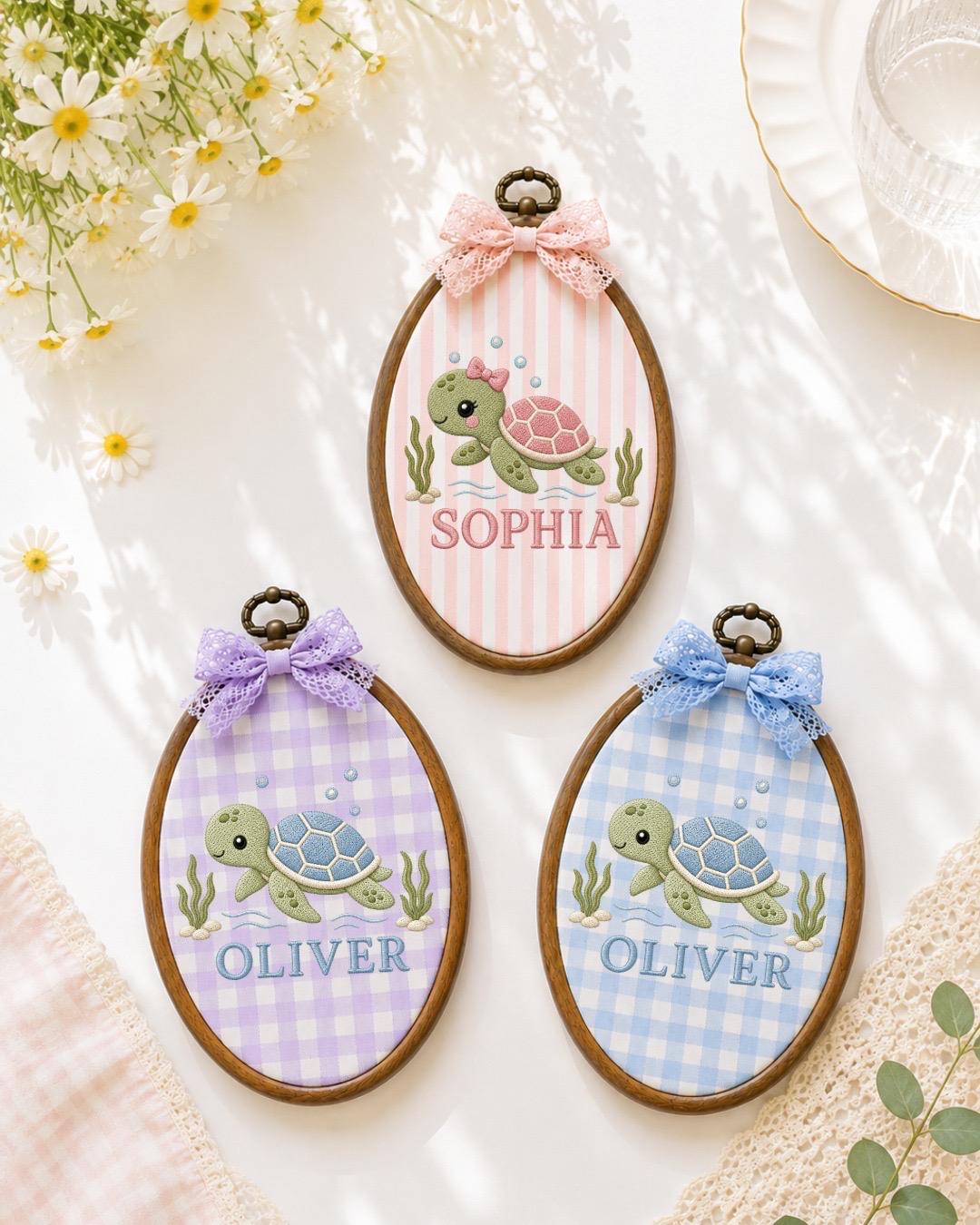 Personalized Sea Turtle Embroidered Ornament, Custom Baby Name Keepsake, Ocean Nursery Decor, Turtle Baby Gift, Newborn Name Sign