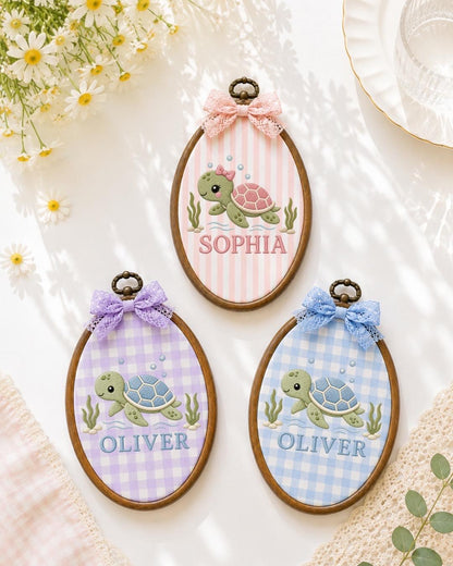 Personalized Sea Turtle Embroidered Ornament, Custom Baby Name Keepsake, Ocean Nursery Decor, Turtle Baby Gift, Newborn Name Sign