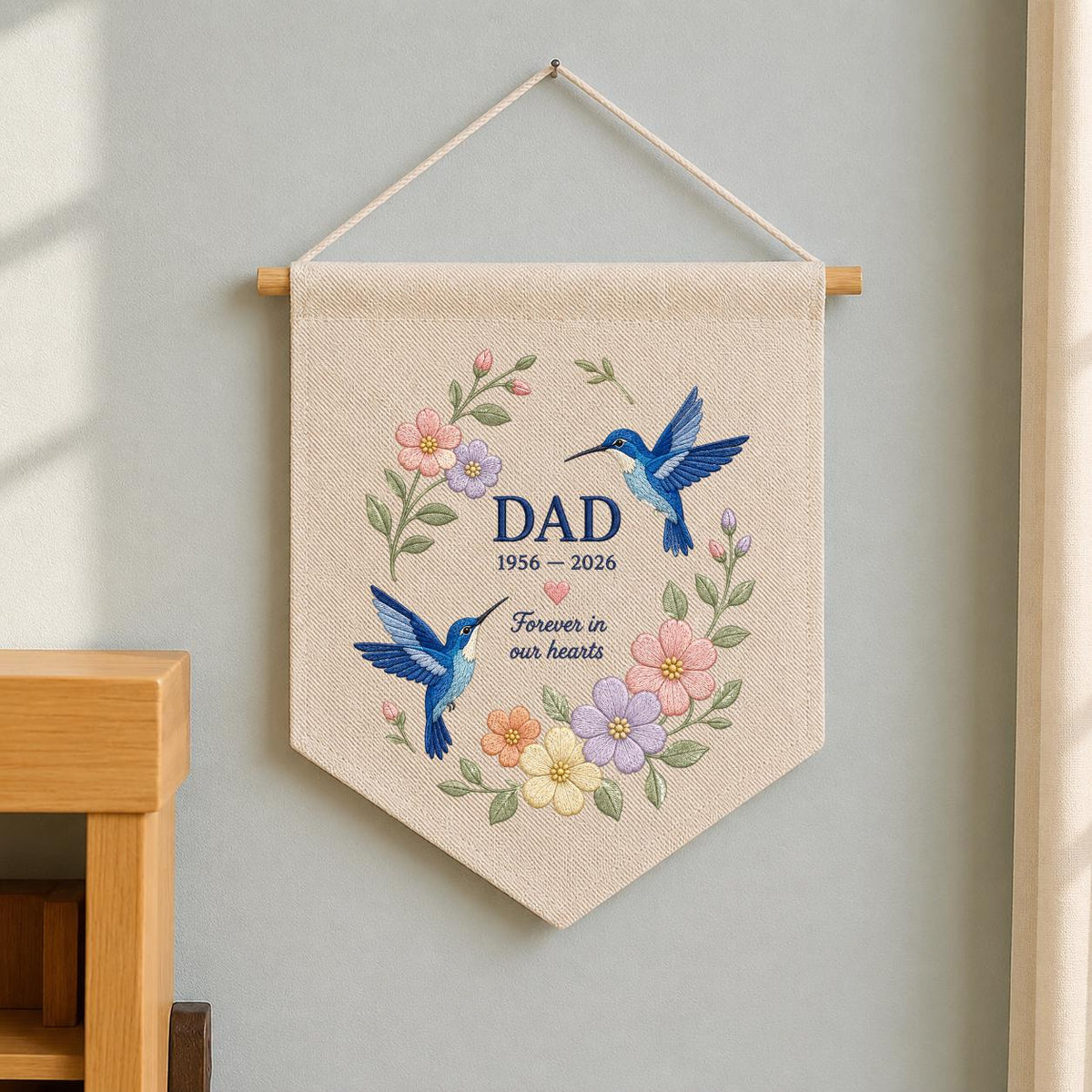 Custom Name Dad Memorial Embroidered Canvas Pennant Banner, Blue Hummingbird Floral Wreath Bereavement Condolence Gift Wall Hanging Sign