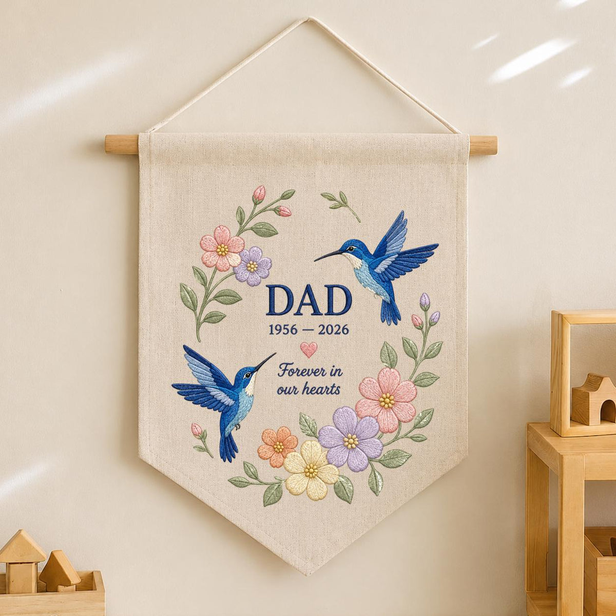 Custom Name Dad Memorial Embroidered Canvas Pennant Banner, Blue Hummingbird Floral Wreath Bereavement Condolence Gift Wall Hanging Sign