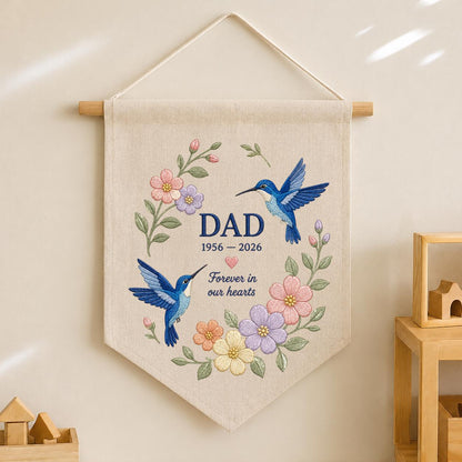 Custom Name Dad Memorial Embroidered Canvas Pennant Banner, Blue Hummingbird Floral Wreath Bereavement Condolence Gift Wall Hanging Sign