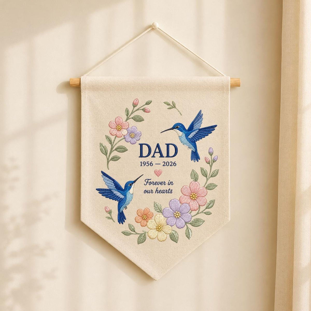 Custom Name Dad Memorial Embroidered Canvas Pennant Banner, Blue Hummingbird Floral Wreath Bereavement Condolence Gift Wall Hanging Sign