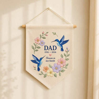 Custom Name Dad Memorial Embroidered Canvas Pennant Banner, Blue Hummingbird Floral Wreath Bereavement Condolence Gift Wall Hanging Sign