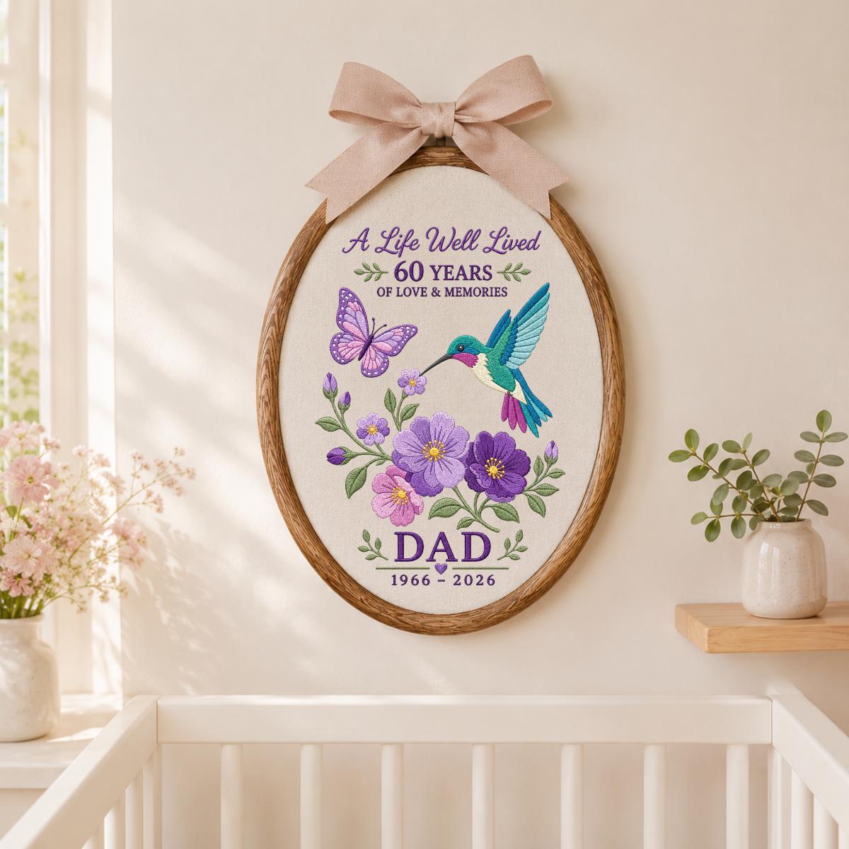 Custom Name Dad Memorial In Loving Memory Oval Hoop Decor, Hummingbird Butterfly Blue Gingham Bereavement Condolence Gift Wall Hanging Sign