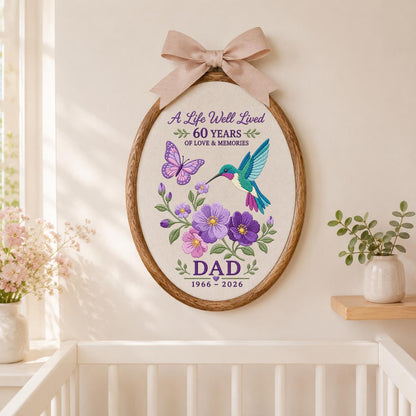 Custom Name Dad Memorial In Loving Memory Oval Hoop Decor, Hummingbird Butterfly Blue Gingham Bereavement Condolence Gift Wall Hanging Sign