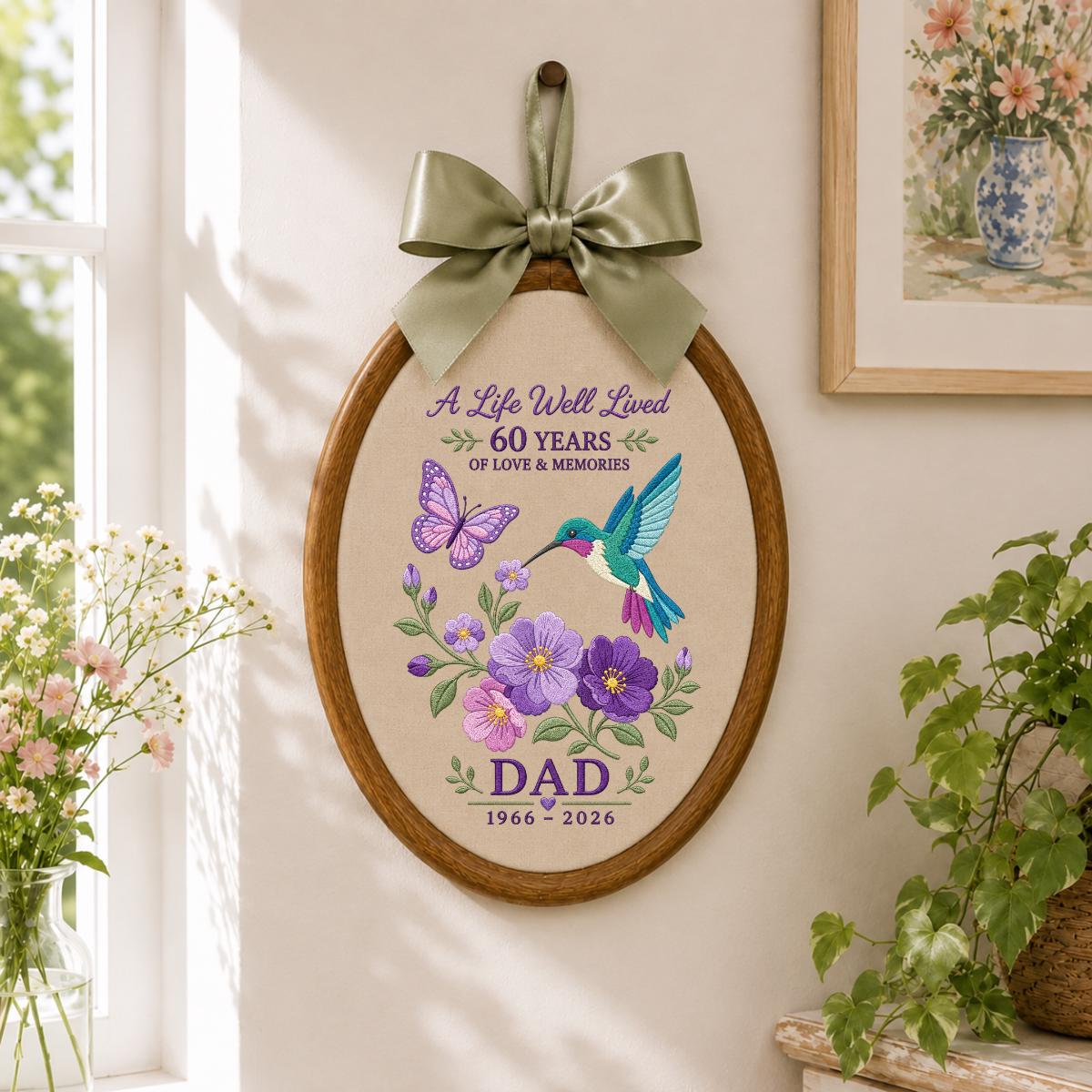 Custom Name Dad Memorial In Loving Memory Oval Hoop Decor, Hummingbird Butterfly Blue Gingham Bereavement Condolence Gift Wall Hanging Sign