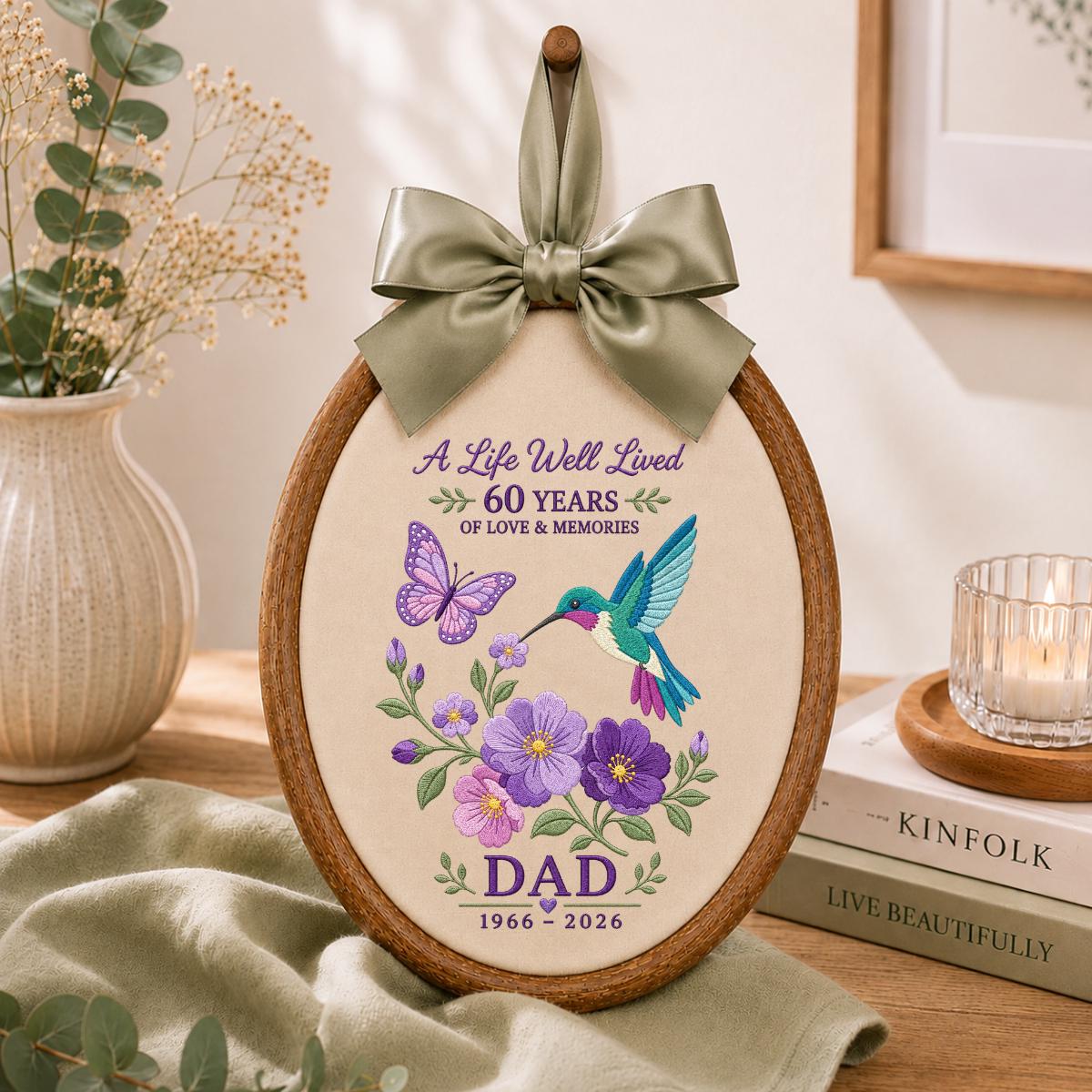 Custom Name Dad Memorial In Loving Memory Oval Hoop Decor, Hummingbird Butterfly Blue Gingham Bereavement Condolence Gift Wall Hanging Sign