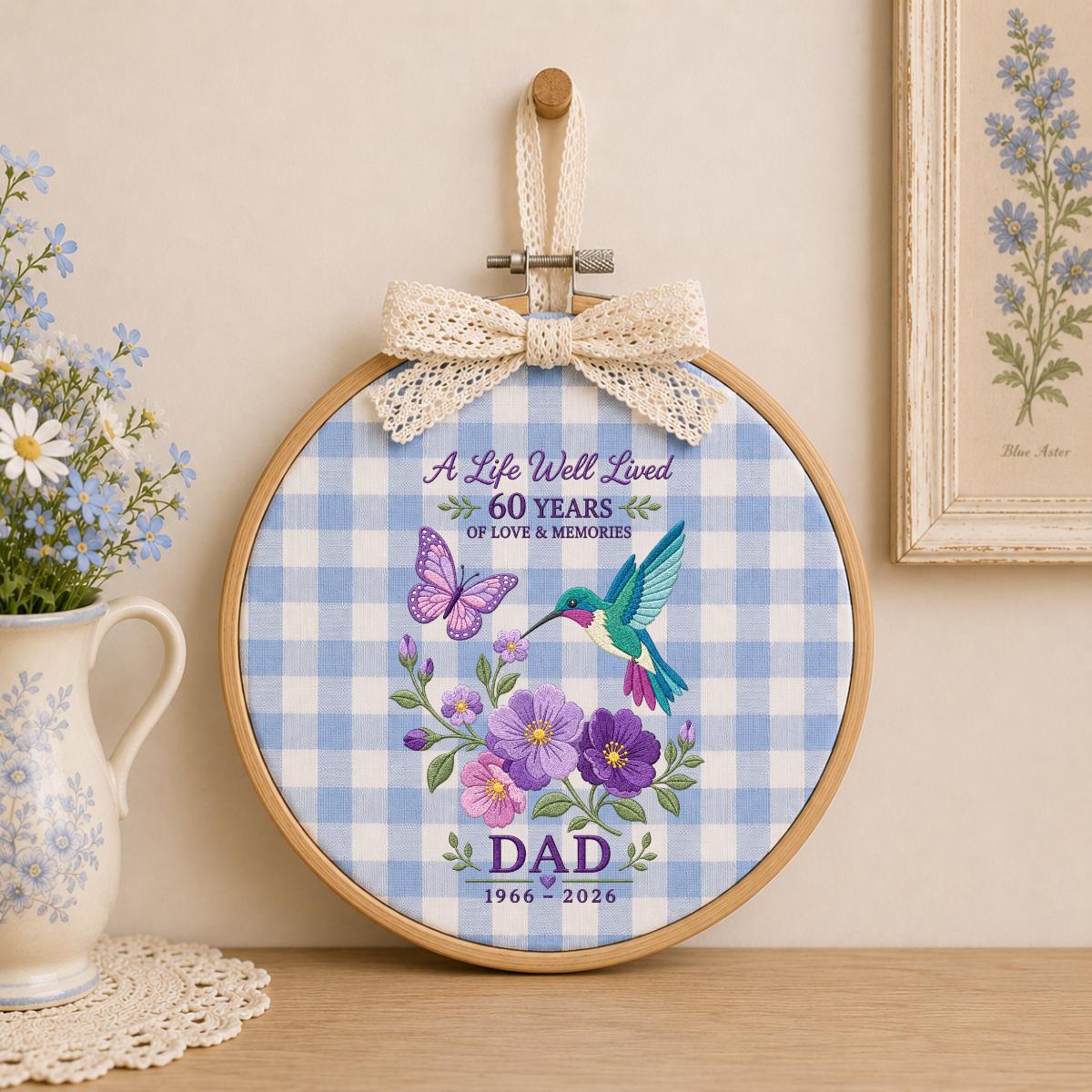 Custom Name Dad Memorial In Loving Memory Oval Hoop Decor, Hummingbird Butterfly Blue Gingham Bereavement Condolence Gift Wall Hanging Sign