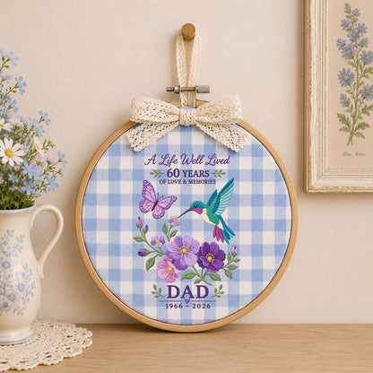 Custom Name Dad Memorial In Loving Memory Oval Hoop Decor, Hummingbird Butterfly Blue Gingham Bereavement Condolence Gift Wall Hanging Sign