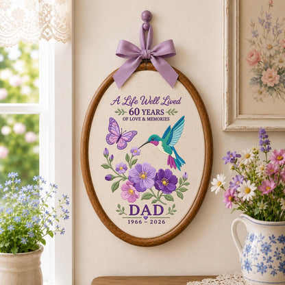 Custom Name Dad Memorial In Loving Memory Oval Hoop Decor, Hummingbird Butterfly Blue Gingham Bereavement Condolence Gift Wall Hanging Sign