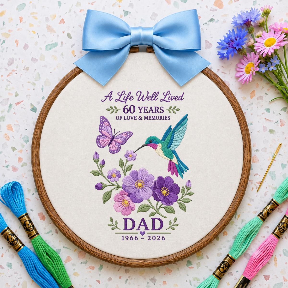 Custom Name Dad Memorial In Loving Memory Oval Hoop Decor, Hummingbird Butterfly Blue Gingham Bereavement Condolence Gift Wall Hanging Sign