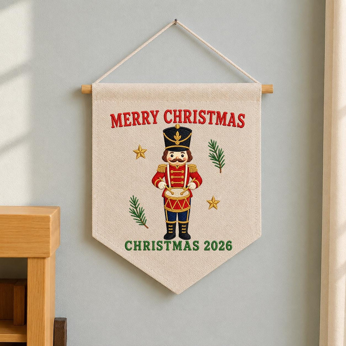 Christmas 2026 Nutcracker Soldier Canvas Pennant Banner Decor, Embroidered Drummer Boy Merry Christmas Wall Hanging Sign, Xmas Gift